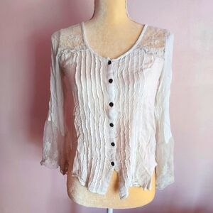 American Eagle bell sleeve flutter pintuck crinkle gauze button down blouse xs